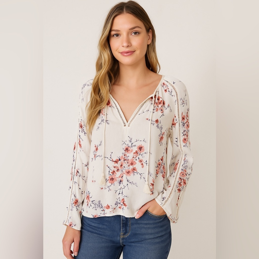 lovestitch Cream Floral Peasant Blouse with Tassel Tie